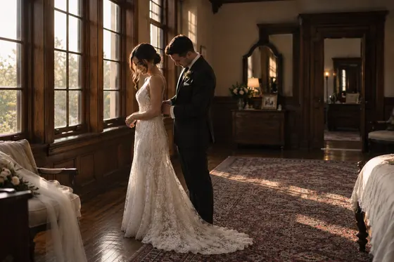 A groom buttoning the back of the bride's lace dress in a sunlit, wood-paneled room