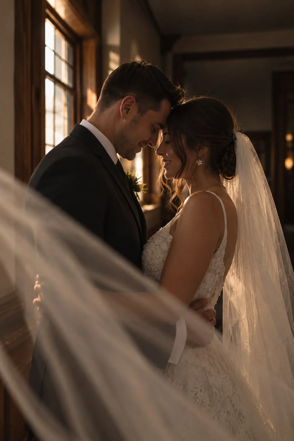 A bride and groom with their foreheads together by a tall window, her veil drifting across the frame