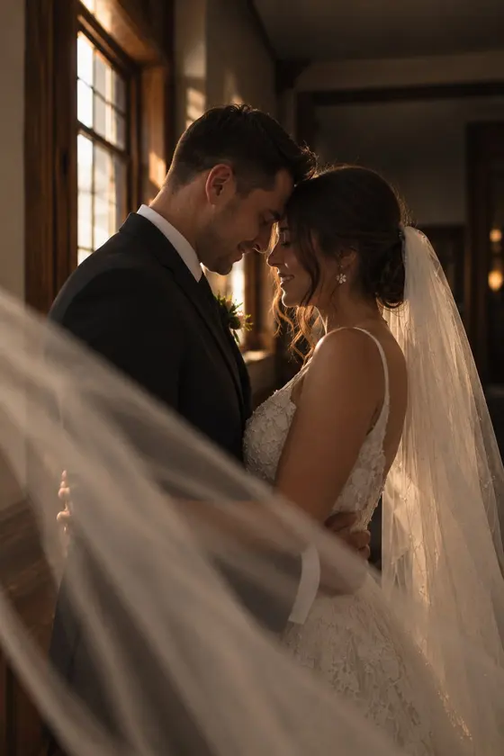 A bride and groom with their foreheads together by a tall window, her veil drifting across the frame