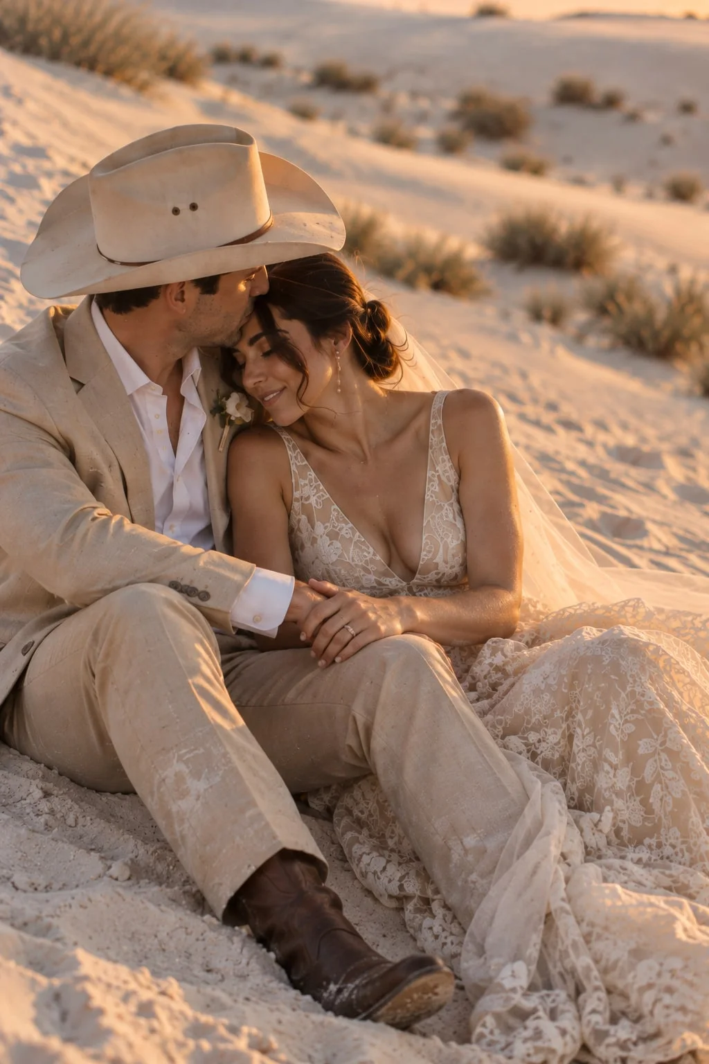 A groom in a cowboy hat kissing the bride's forehead as they sit on a white dune at sunset