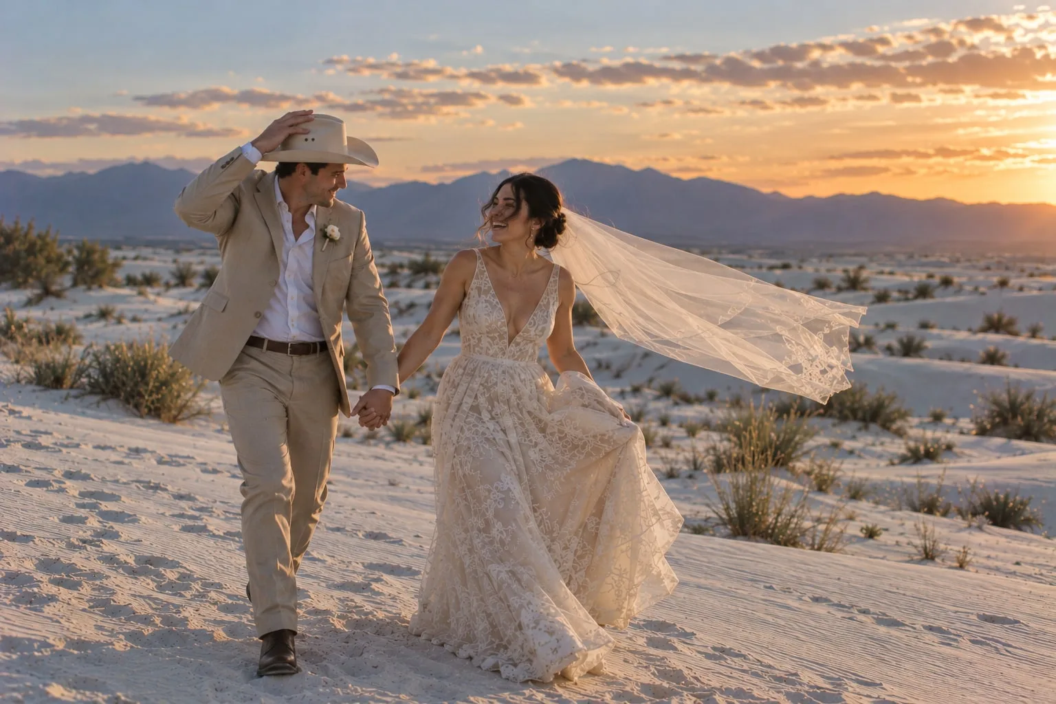 A bride and groom walking hand in hand across white dunes at sunset, her veil lifting in the wind
